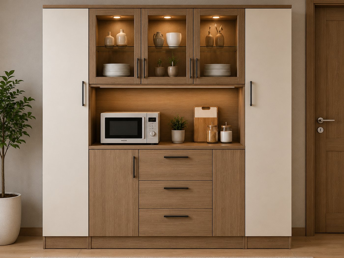 Kitchen storage unit with glass display cabinets and drawers at Arime Company in Iraq