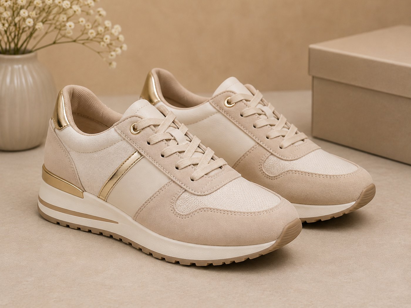 Women's cream and gold sneakers at Arime Company in Baghdad